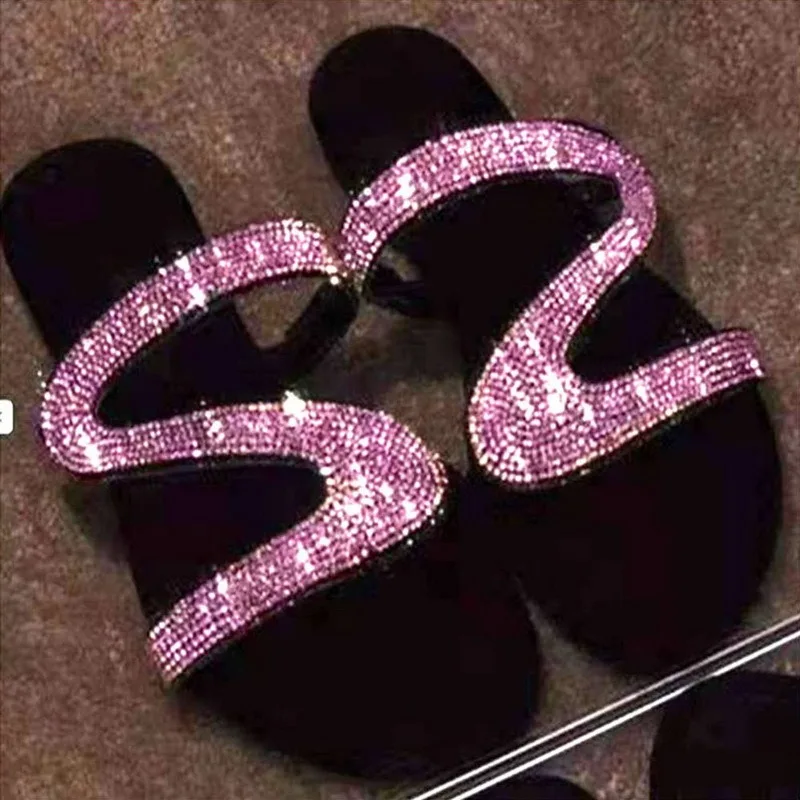 

Women Solid Crystal Slip On Flats Casual Roman Slippers Plus-size Flat Slippers Outdoor Fashion Sandals Anti-slip Sandals