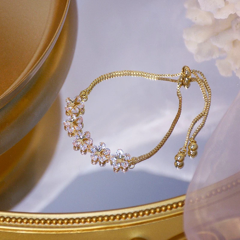 

Romantic Charming 14k Real Gold Flowers Bracelet for Women High Quality Jewelry Shiny AAA Zircon Weddings Party Ins Hot Gift