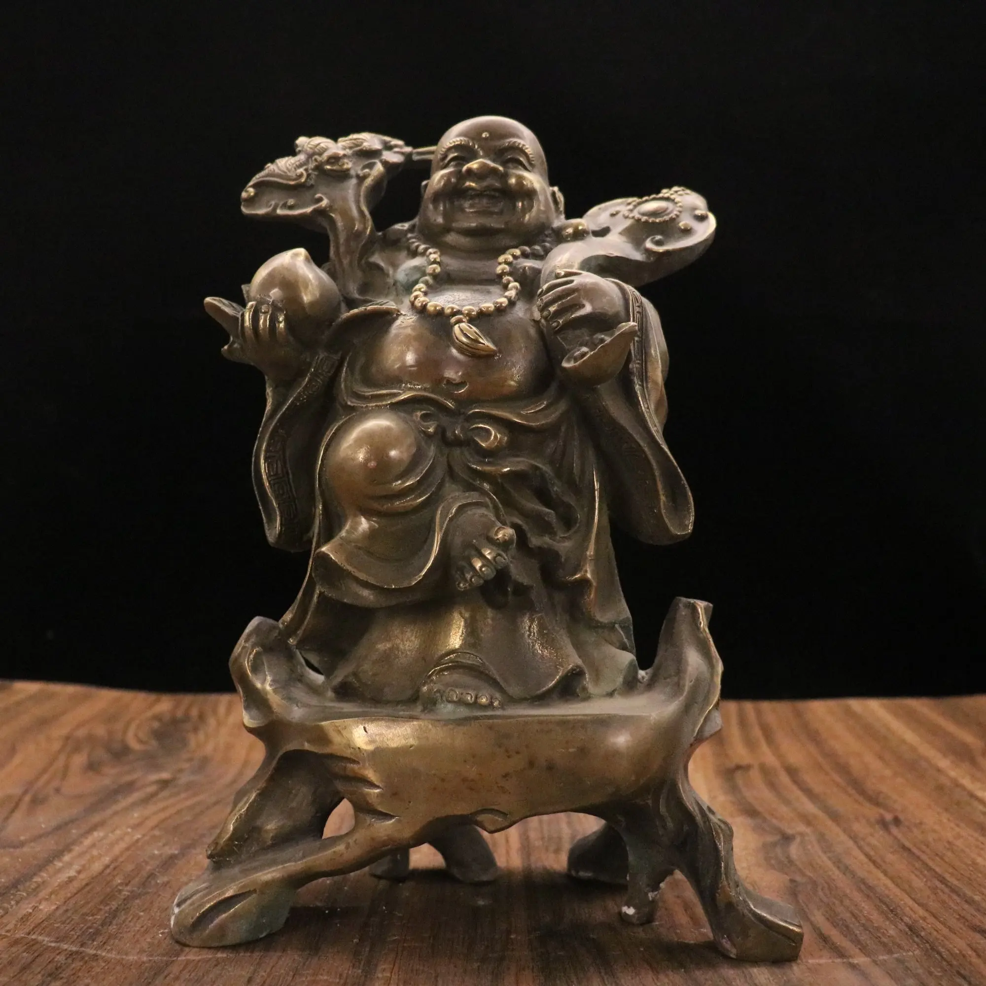 

10"Chinese Folk Collection Old brass Patina Wishful Shou Tao Maitreya Buddha Terrace Amitabha Ornaments Town House Exorcism