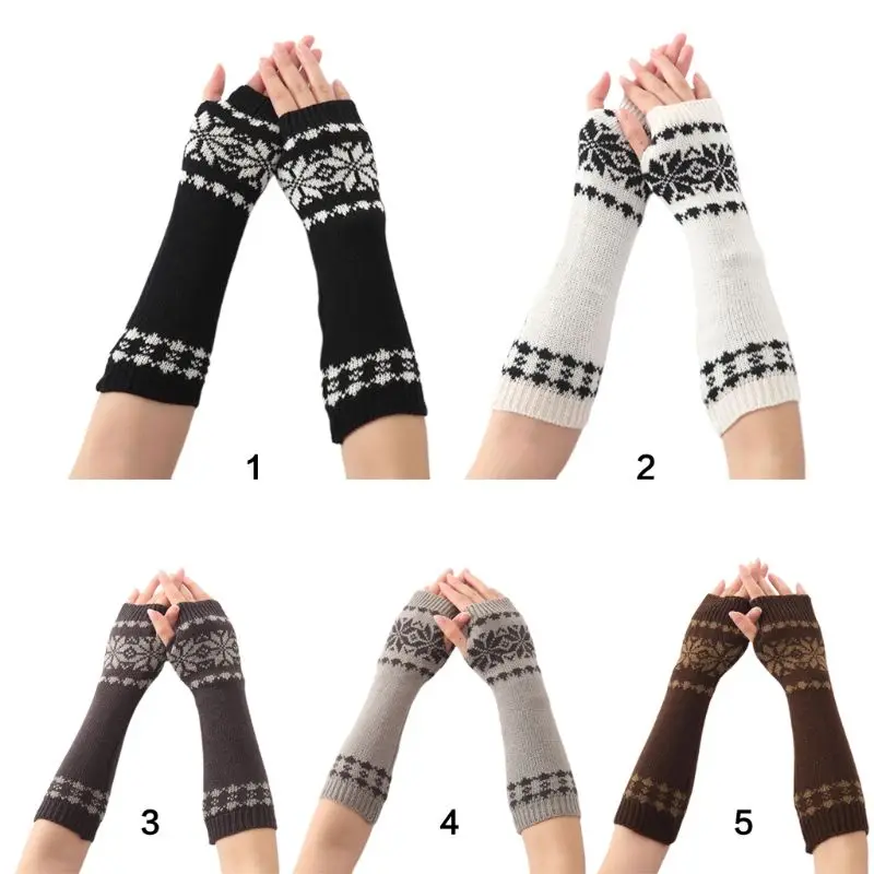 

Women Men Unisex Snowflake Pattern Jacquard Fingerless Gloves Winter Crochet Knit Arm Warmers Mittens with Thumbhole Gift 2XPC