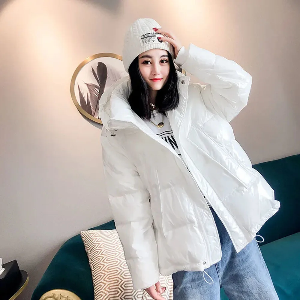 Winter New Style Cotton Jacket Female Fashion Chic Color Parka Bread Service Jacket Short Loose Cotton Hooded Warm Outerwear