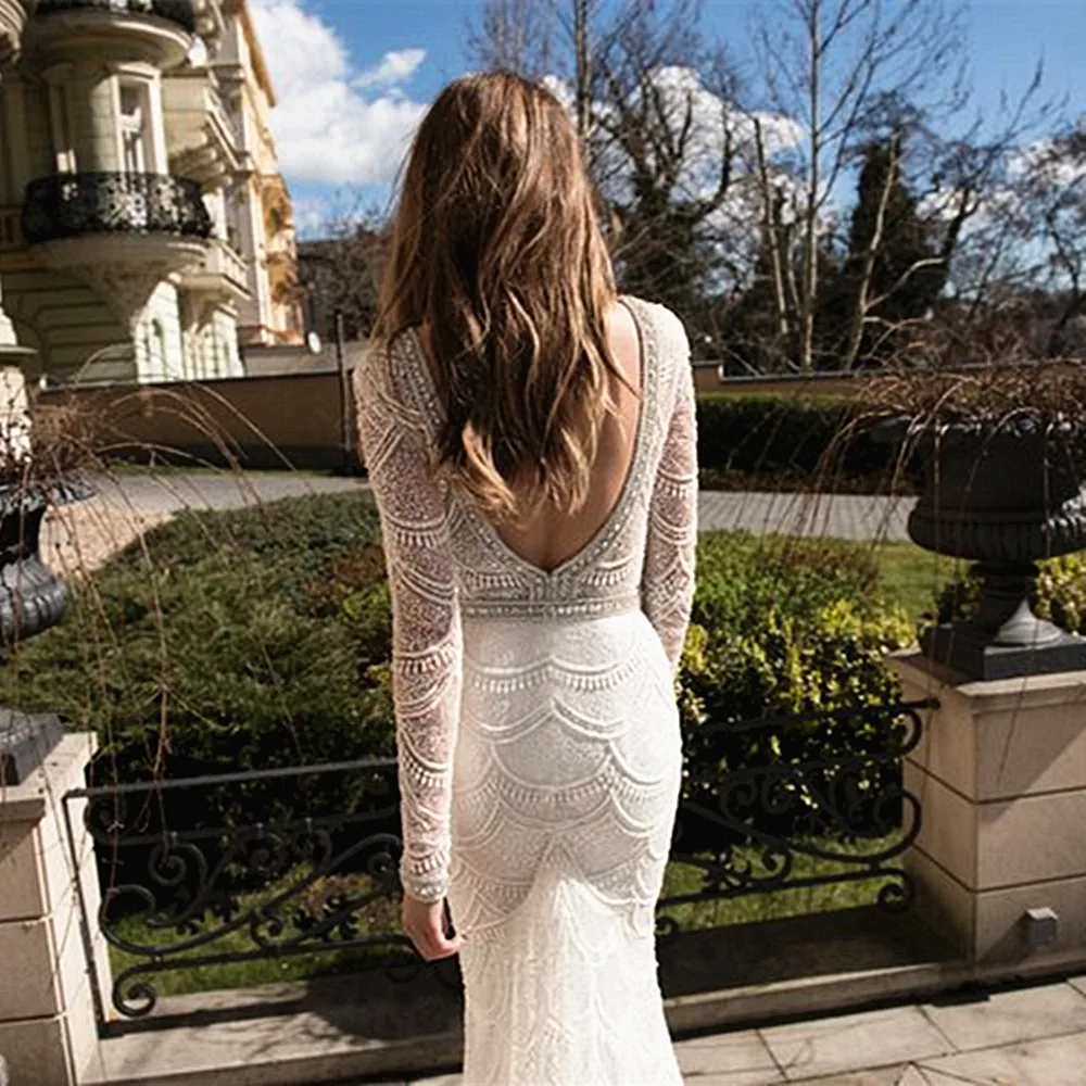

Mermaid Lace Wedding Dresses Long Sleeves 2020 vestido de noiva Custom Embroidery Luxury Crystal White Bridal Gowns V-Neck