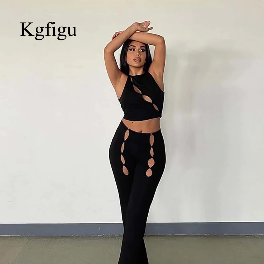 

KGFIGU O-Neck Two Piece Sets Women 2021 Summer Ladies Hollow Sleeveless Short Top And Wide Leg Pants Solid Color Sexy Pants Suit