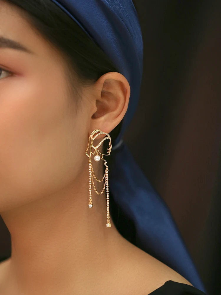 

kshmir European and American retro face head earrings temperament beauty outline hollow out long tassel earrings female earrings