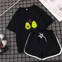 kawaii cute cartoon print t shirt tops and black shorts jogger tracksuit summer casual two piec set woman set