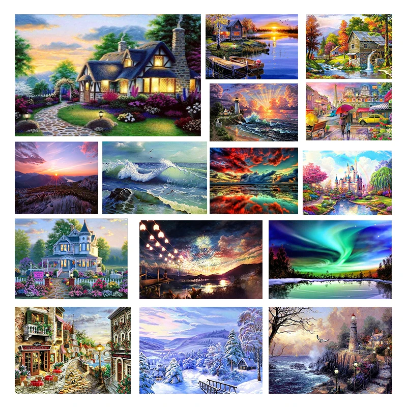 

LCOZX 5D Diamond Painting Sunset Beach Hut Sea View Cross Stitch Kit Mosaic Embroidery Home Decoration Kill Time Gift