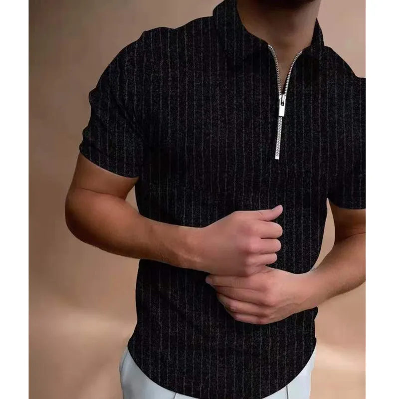 Summer Stripes Zippers Polo Shirt Men Short-Sleeved Casual Slim Polo Shirt Shrink-Proof Quick-Drying Outdoor Leisure POLO Shirt