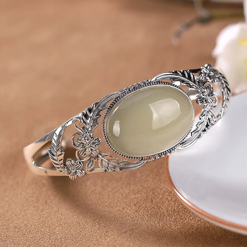Abertura da Mulher Pulseira de Prata Bocai Solide Sterling Siliver Pulseira Hetian Jade Personalidade Retro Ameixa Temperamento Tailandesa S925