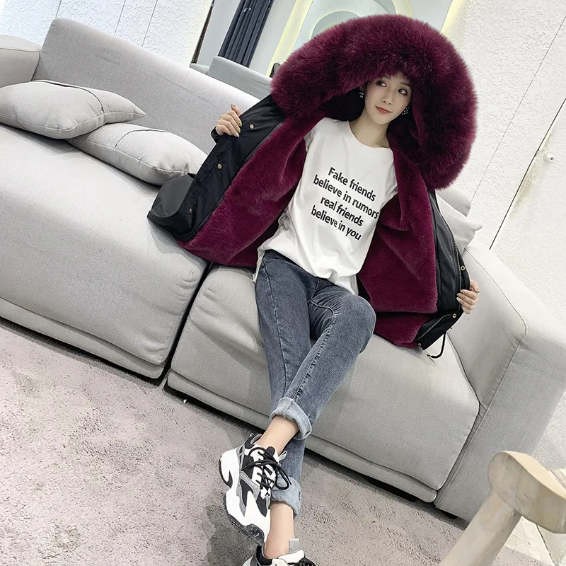 black with purple Новинка года; модное зимнее пальто с мехом для женщин и девочек парка с капюшоном из искусственного кроличьего меха утепленная верхняя одежда - Цвет: black with purple