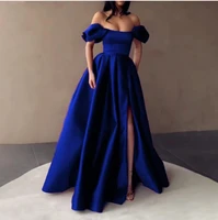 royal blue satin arabic evening dresses 2021 off the shoulder split pleated a line long formal prom gowns robe de soriee