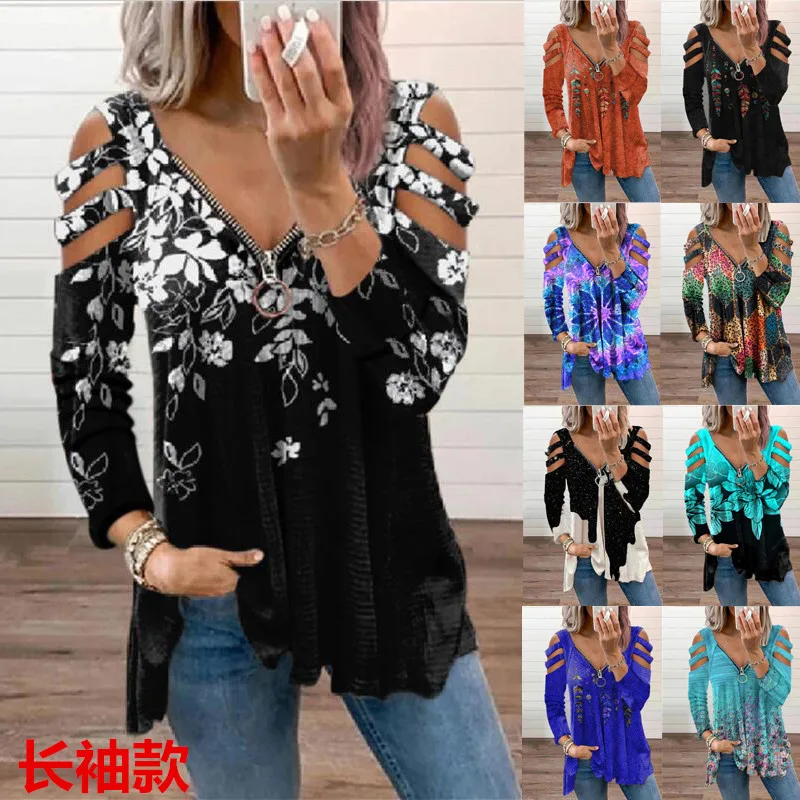 

Oversized Women's Clothing Zipper Hollow Hedging Print Long Sleeve Loose Ladies T-shirt Top Aesthetic Clothes Streetwear Women