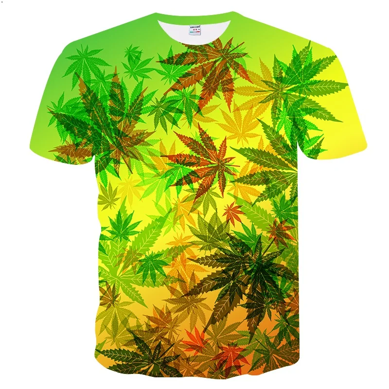3D men's T-shirt casual ladies short-sleeved summer sweatshirt fashion O-neck green maple leaf creative |