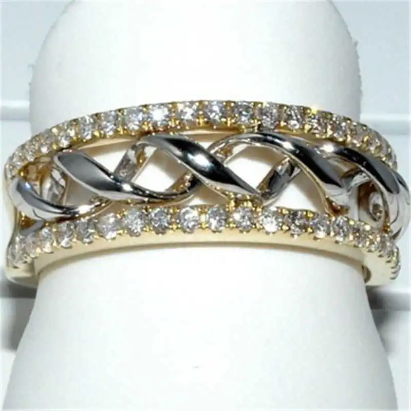 

Hot Fashion Two Tone Zircon Ring Women Men Yellow White Gem Stack Twisted Ring Sz6-10 Engagement Gifts Girl Party Gifts