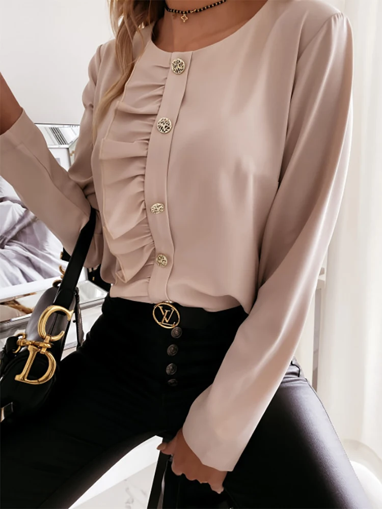 

Women's Blouse 2021 Fashion Spring Summer Casual Long Sleeve O-Neck Shirt Ladies Elegant Buttons Tops