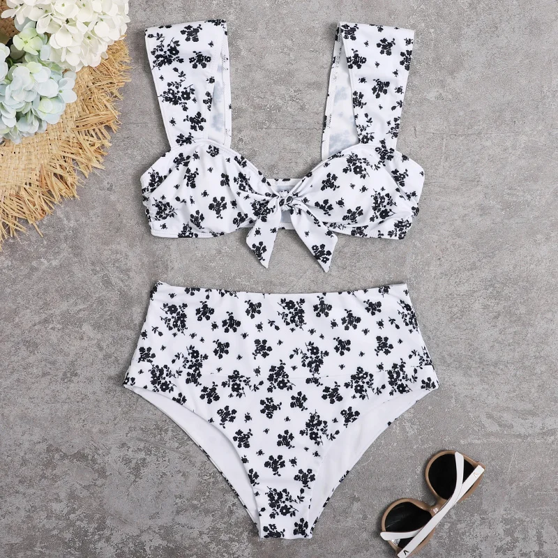 

Floral Women's Swimsuit Two Piece Bowknot Front Push Up Bikini Sets Wide Shoulder Straps Swimwear High Waist Swim Beach Wear