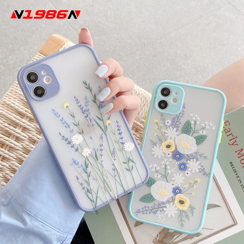 N1986N для iPhone 12Mini 12 11 Pro Max X XR XS 7 8 Plus SE2 Модный 3D Рельефный цветочный прозрачный