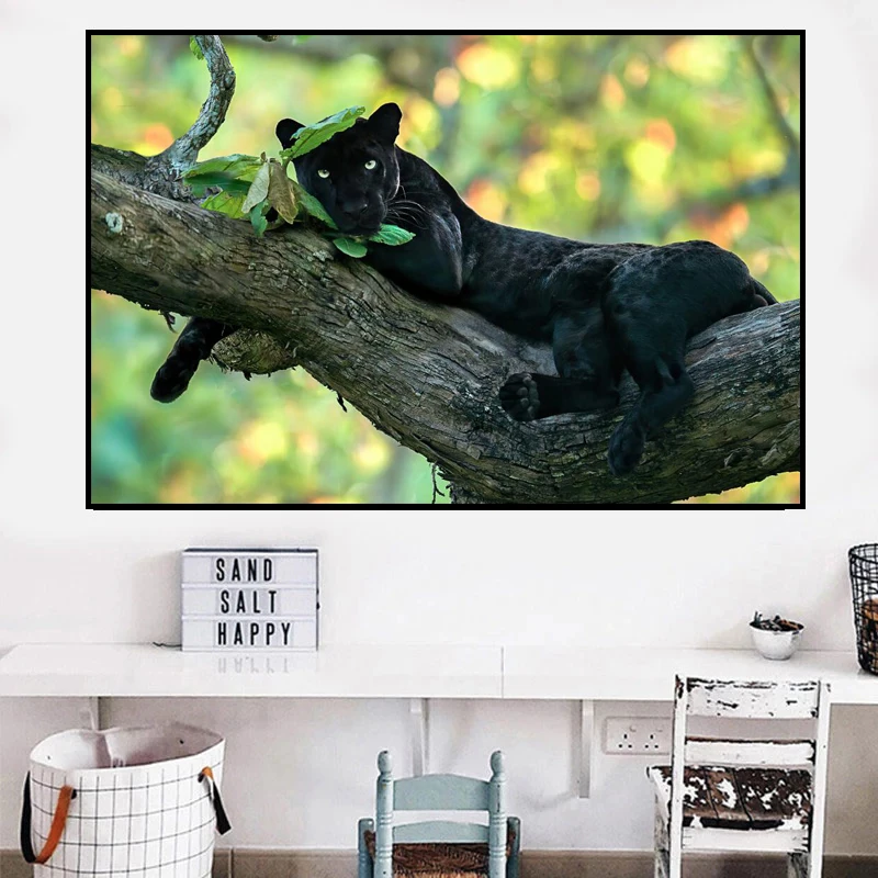

Nordic Lovely Animals Poster Black Panther On The Tree Painting On Canvas Wall Art Pictures for Kids Room Living Room Cuadro