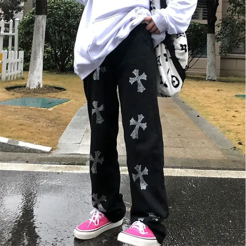 

Повседневные принты Harajuku в Корейском стиле Стиль женские мешковатые штаны уличная прямые брюки в стиле хип-хоп свободные эластичные штаны ...