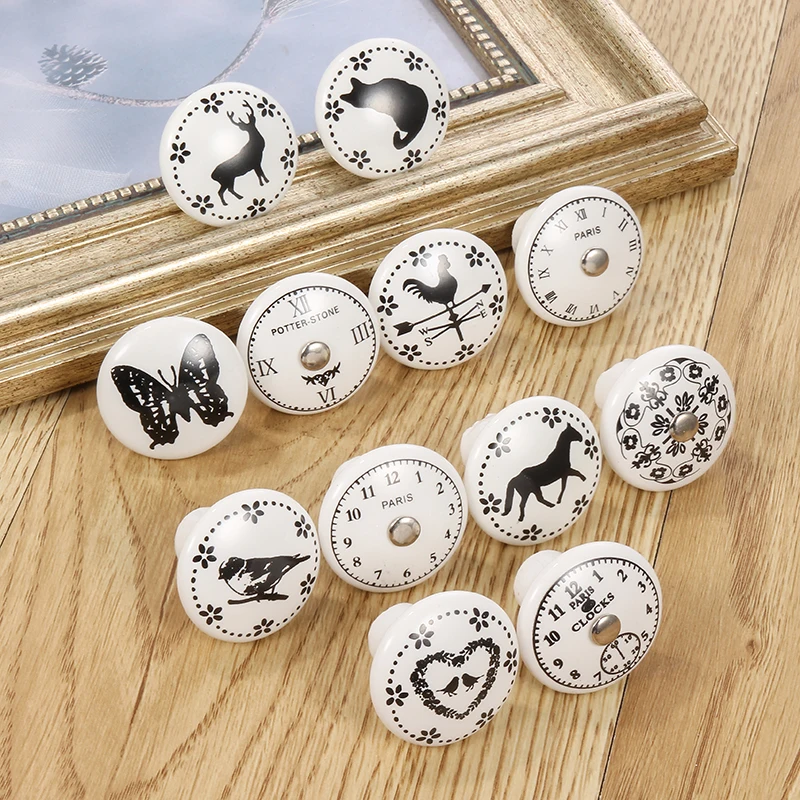 

White Print Ceramic Round Handles Pulls Knobs For Drawer Cabinet Furniture Hardware Cupboard Drawer Cupboard Wardrobe Door Knobs
