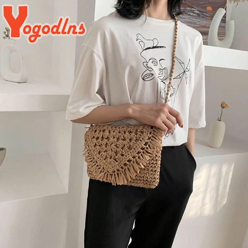Соломенная Сумка Yogodlns с кисточками для женщин Пляжная плетеная маленькая сумка