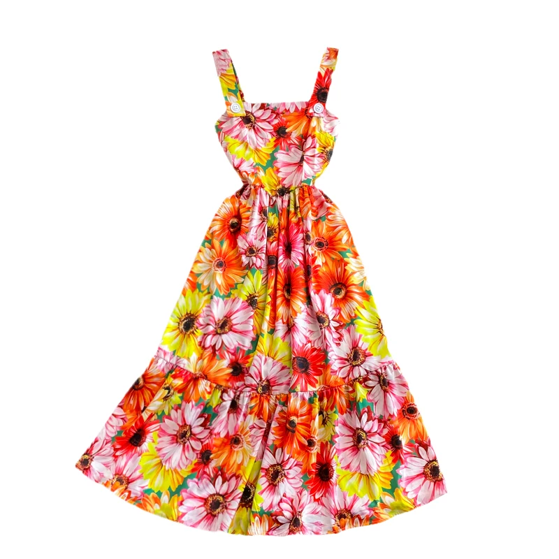 

New Summer Women Sexy Square Collar Sleeveless Strap Dress Sweet Gorgeous Sunflowers Print Big Hem Vacation Dress