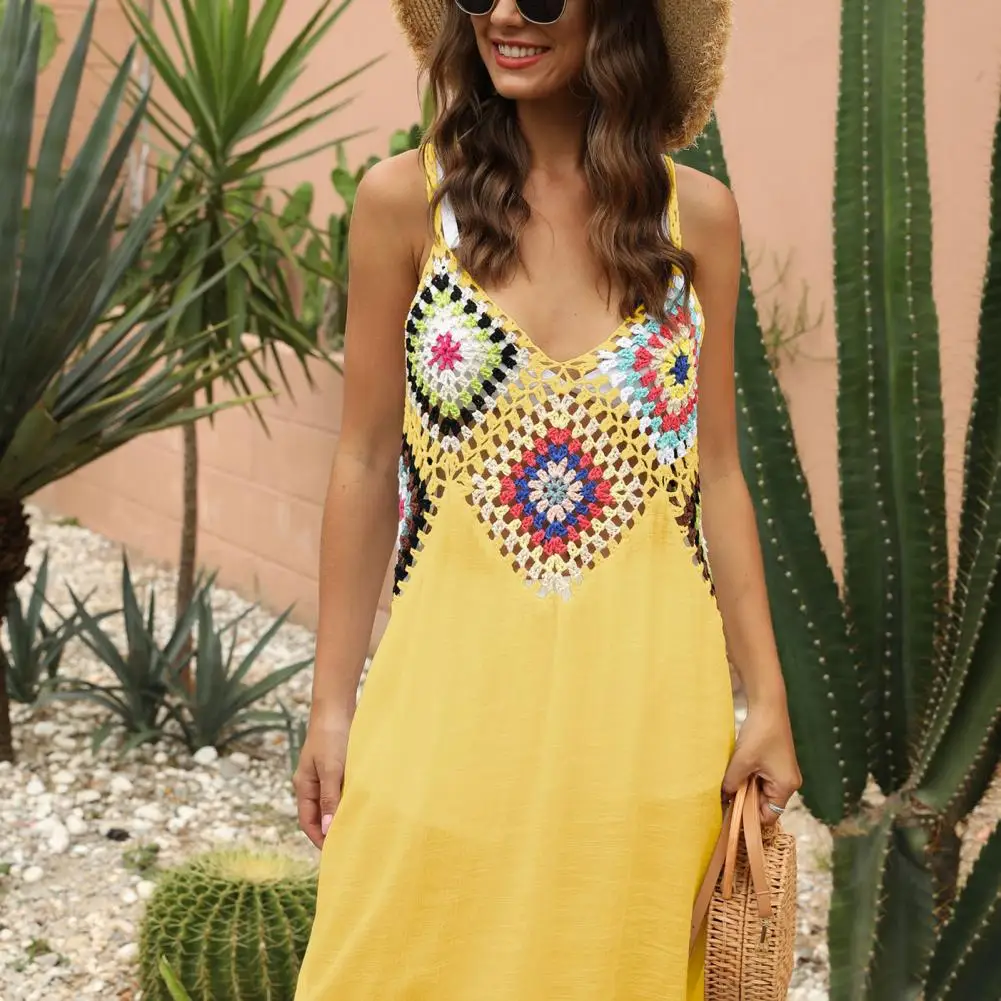 Платье женское вязаное на бретелях-спагетти пляжный накидка в стиле пэчворк с