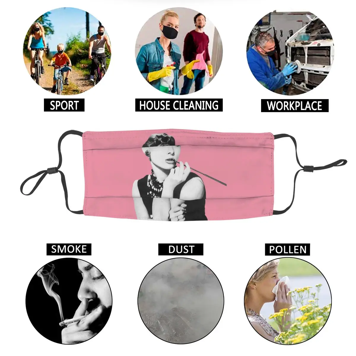 

Audrey Hepbrn Portrait Non-Disposable Mouth Face Mask Adult Unisex Actress Anti Dust Haze Mask Protection Cover Respirator