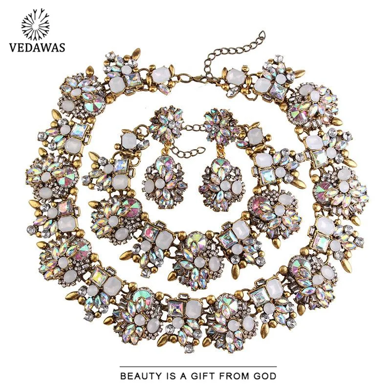 

Бренд Vedawas винтажное ожерелье с драгоценными камнями, ювелирные наборы для женщин, Модный Цветной воротник-чокер, ожерелье, серьги, браслет