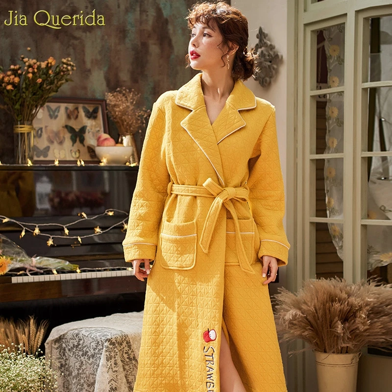 Женский халат плюс размер зимний теплый 100% хлопок ночные рубашки длинное желтое