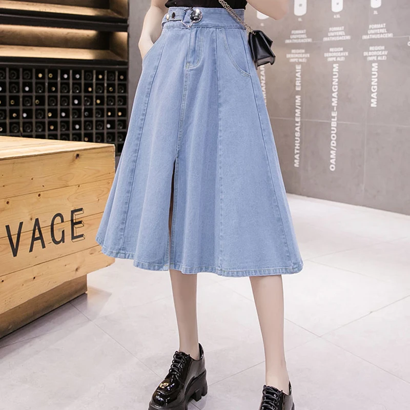 Синий Высокая уличная Женская длинная джинсовая юбка с коротким и широким
