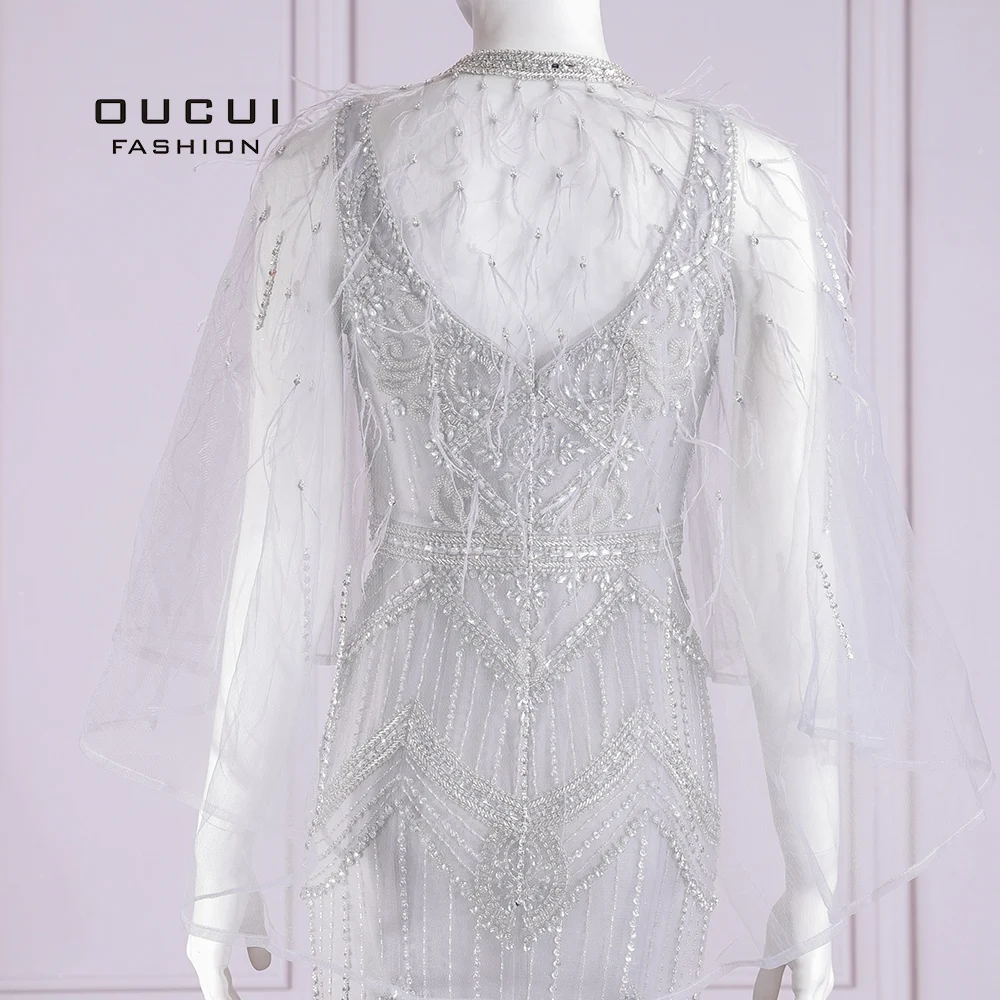 Oucui Silver Long Mermaid Evening Dress O-neck Cape 2020 Elegant Beaded Party Evening Gowns For Women Robe de Soiree OL103715