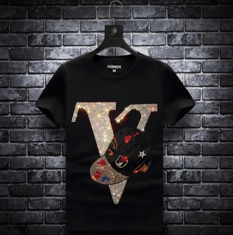 

Футболки с надписью Стразы, мужские брендовые Модные мужские уличные футболки с коротким рукавом и круглым вырезом, облегающие футболки из ...