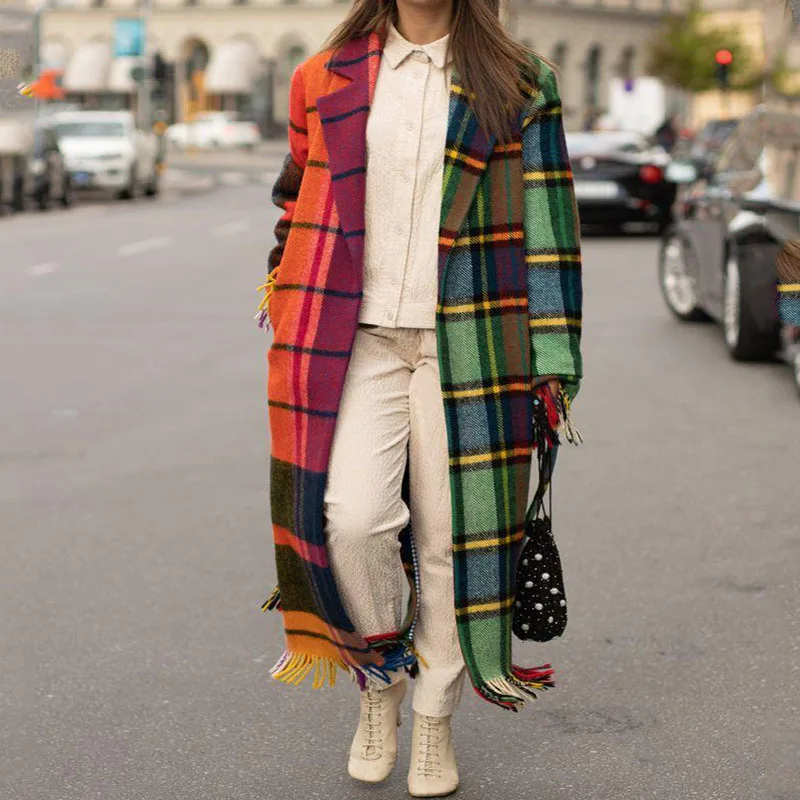

Kalenmos Fashion Check Wool for Women Suit Collar Long Sleeves Tassel Hem Long Blends 2021 Fall Streetwear Contrast Woman Coat