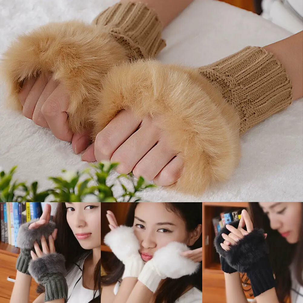 Women Winter Warm Half Finger Gloves Faux Fur Warm Wrist Knitted Wool Gloves Cuff Mitten