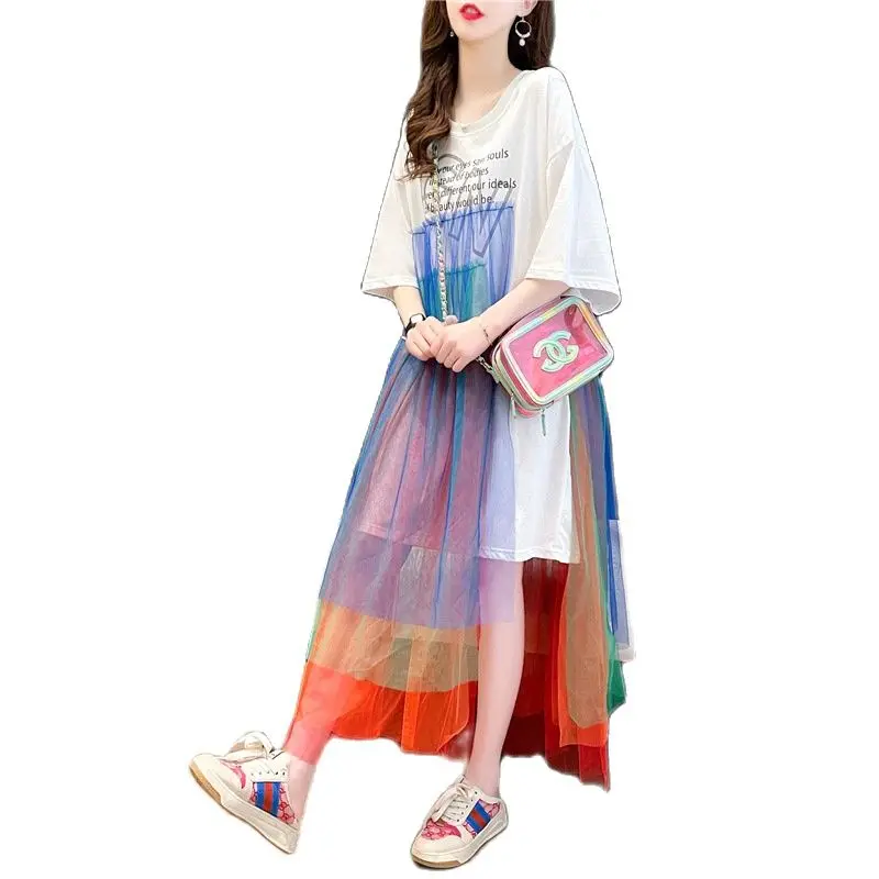 

Vestidos Fashion Rainbow Mesh Stitching T-Shirt Women Short-Sleeved Sundresses For Women Summer 2022 New Large Size Loose Dress