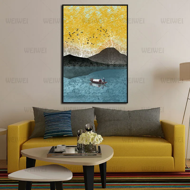 

Home Decoration Painting Red Moon and Golden Leaves Poster Bedroom Canvas Painting Wall Art Hd Printing Can Be Customized