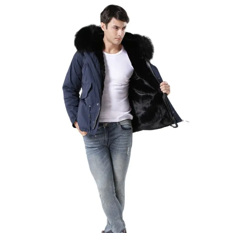 Мужская зимняя куртка синяя модная теплая рабочая одежда ветрозащитная меховая