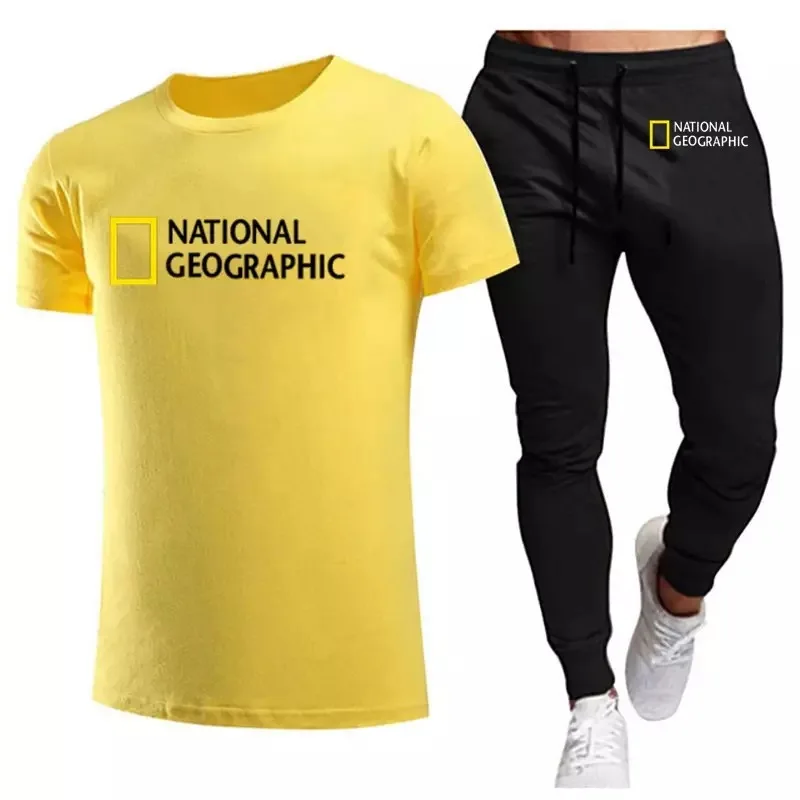 

Summer National Geographic T-shirt + pants Men's Suit Track Suit Sportswear Track Suit Men's Short-sleeved T-shirt 2-piece Set