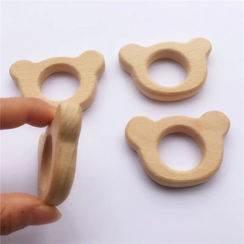 Mordedor de oso de madera para beb&eacute;, mordedor org&aacute;nico ecol&oacute;gico sin terminar, sonajero de dentici&oacute;n, juguete de animales de madera, 10 piezas-2
