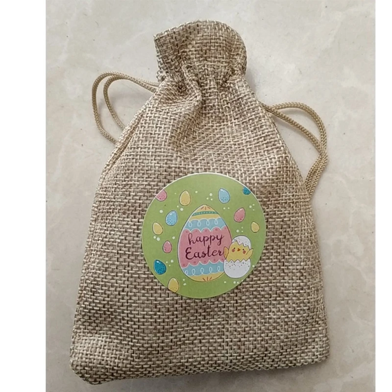 

10 Pcs Easter Burlap Goody Bags Egg Bunny Chick Sticker Treat Drawstring Linen Bags for Easter Party Favor Supply