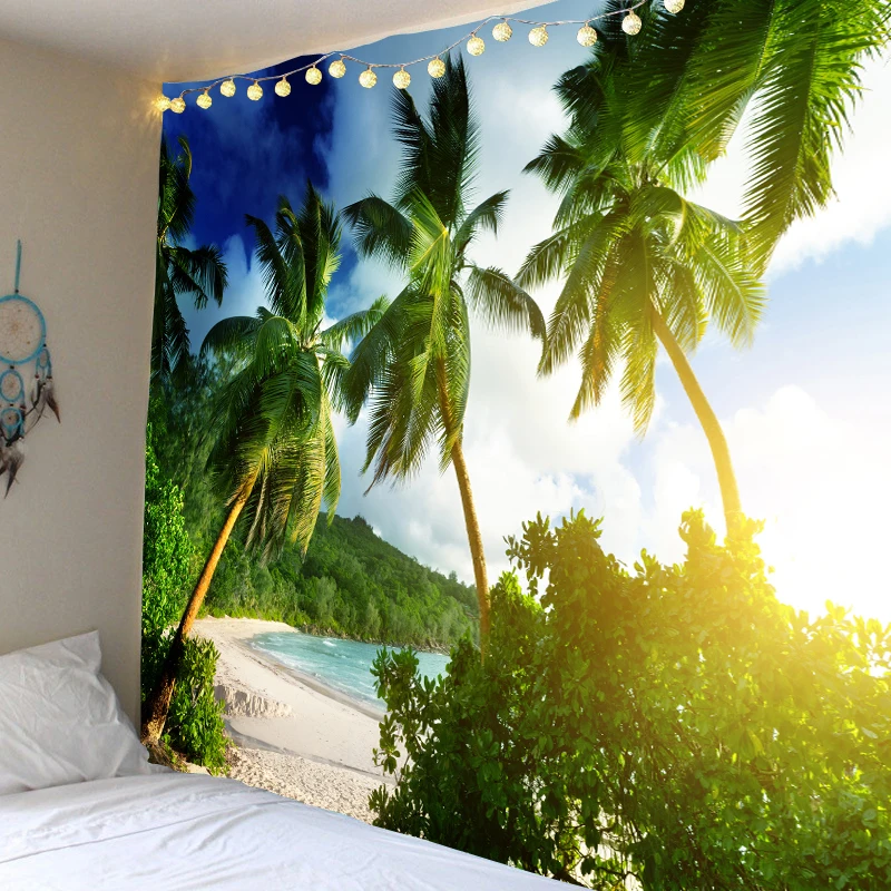 

Beach coconut tree scenery tapestry woods forest beach scene hanging cloth wall decoration hanging cloth curtain hanging cloth