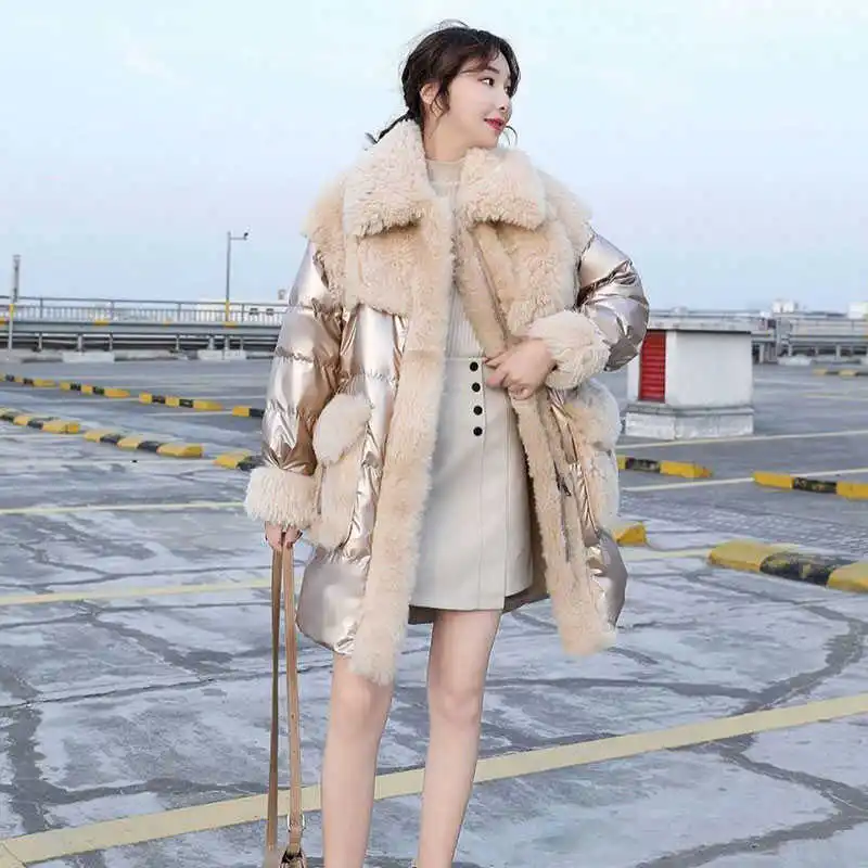 

Wenfly Women Winter Parka Wool Fur Patchwork Big Pocket Jacket Cotton Loose Thick Coat Oversized Parkasn Female Warm Outerwear