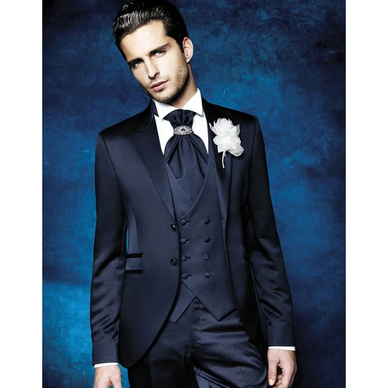 

Новинка 2021, темно-синие мужские костюмы из 3 предметов, официальный деловой Блейзер, смокинги с пиковыми лацканами для свадьбы, для жениха, М...