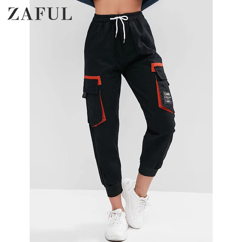 

ZAFUL Women Jogger Pants Flap Pockets Slogan Patched Drawstring Waist Cargo Ankle Length Pants For Sping Autumn