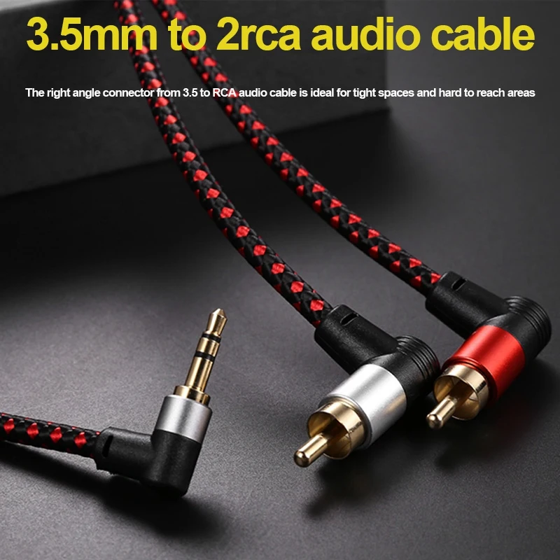 90 Градусов 3.5мм Мужской кабель Male to 2 RCA Кабель разветвитель Right Angle Стерео AUX Y Разветвительный Корд Микрофонный Разъем Штекер для Ноутбука 1М вкл.
