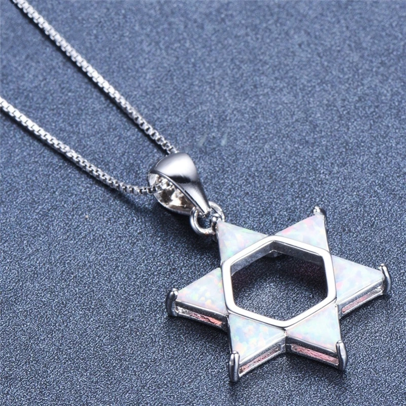 

Cute Women Hollow Six Pointed Star Pendant Necklace Statement Party Girl Gift Bohemian Fire Imitation Opal Necklace for Women