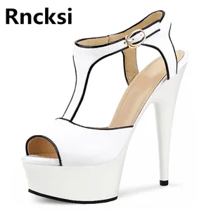 Rncksi White Sexy Women Pole Dance Shoes Ankle Straps Sandals Wedding Party 15cm High Heels Sandals With 5cm Platform Shoes