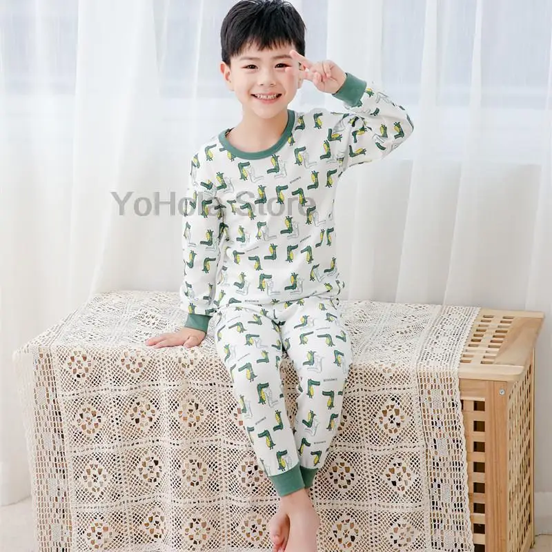 

Children Sleepwear Dinosaur Suits Full Pullover Tees Pants 2-Pieces Set Clothes Winter Cartoon Kids Boy Girl Cotton Warm Pajamas