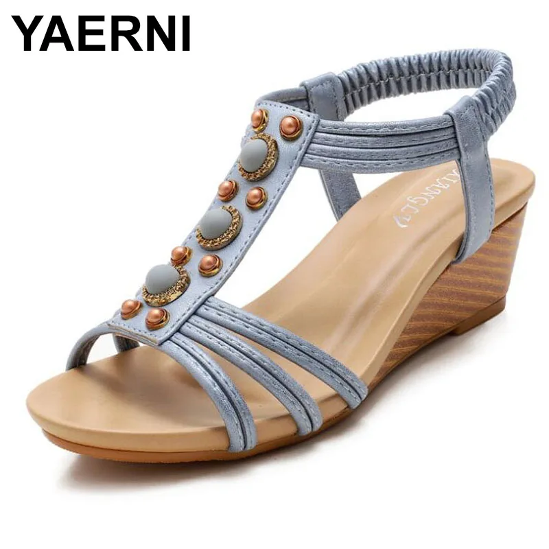 

Винтажные босоножки YAERNI на платформе, женская обувь, лето 2020, сандалии-гладиаторы с бусинами, сандалии на среднем каблуке, пляжные сандалии