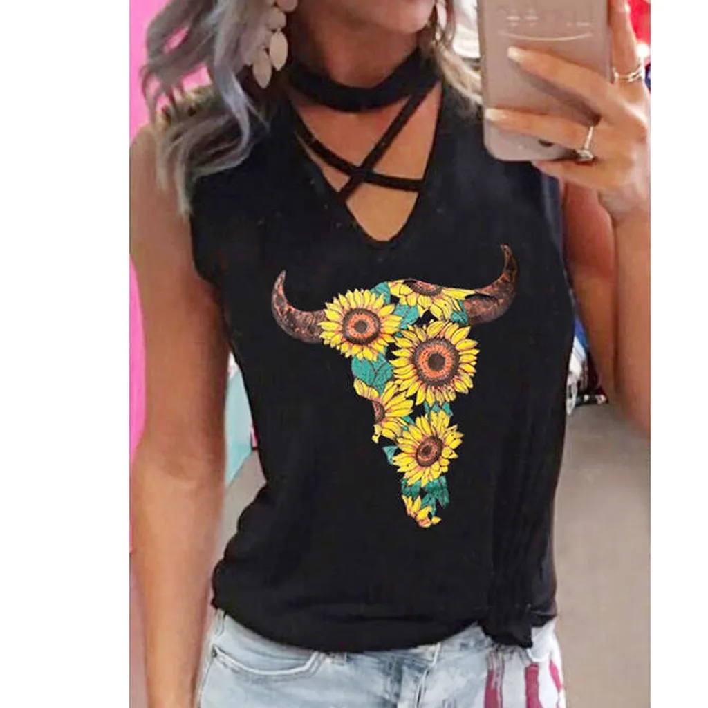 Майка женская с принтом подсолнуха Свободный Топ без рукавов круглым вырезом